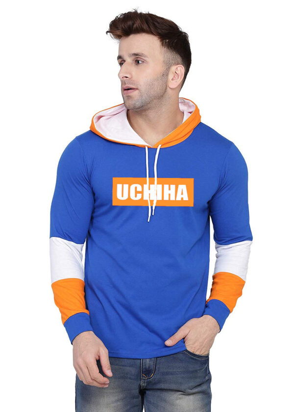 Blue Color Block Hooded T-shirt For Mens