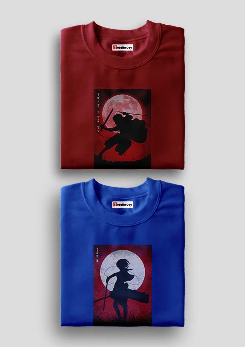 Buy Red Moon Levi x Red Moon Mikasa Pack Of 2 AOT T-Shirts - Maroon, Royal Blue