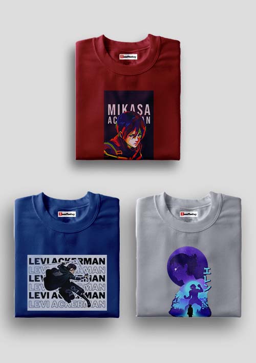 Buy Ackerman x Levi Ackerman x Attack Pack Of 3 AOT T-Shirts - Maroon, Navy Blue, Grey