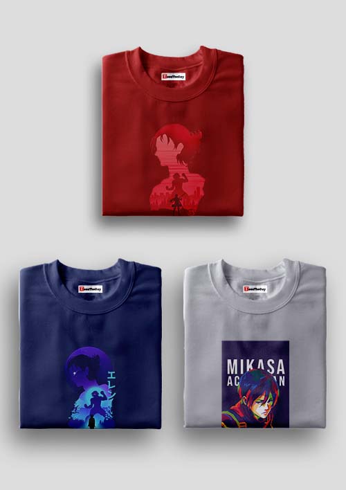Buy Eren x Attack x Ackerman Pack Of 3 AOT T-Shirts - Maroon, Navy Blue, Grey
