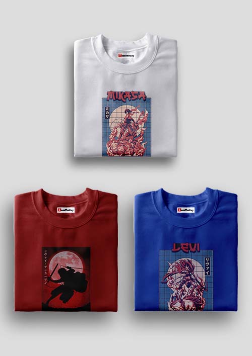 Buy Mikasa x Red Moon Levi x Classic Levi Pack Of 3 AOT T-Shirts - White, Maroon, Royal Blue