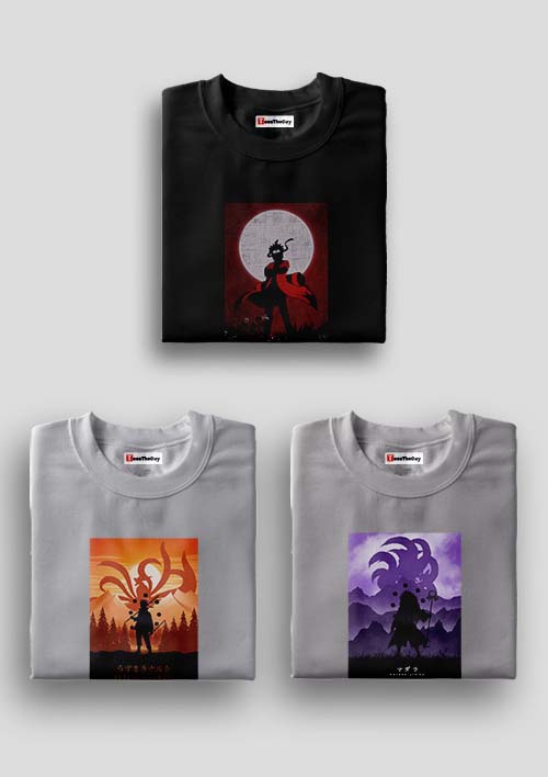 Buy Red Moon Sage Mode x Uzumaki Ninetails x Madara Pack Of 3 Naruto T-Shirts - Black, Grey, Grey