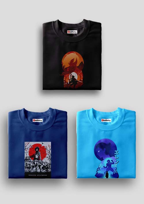 Buy Strongest Soldier x Paint Mikasa x Attack Pack Of 3 AOT T-Shirts - Black, Navy Blue, T Blue