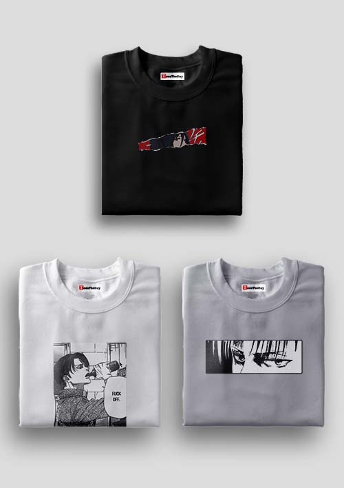 Buy Torn Mikasa x Drunk Levi x Levi Eyes Pack Of 3 AOT T-Shirts - Black, White, Grey